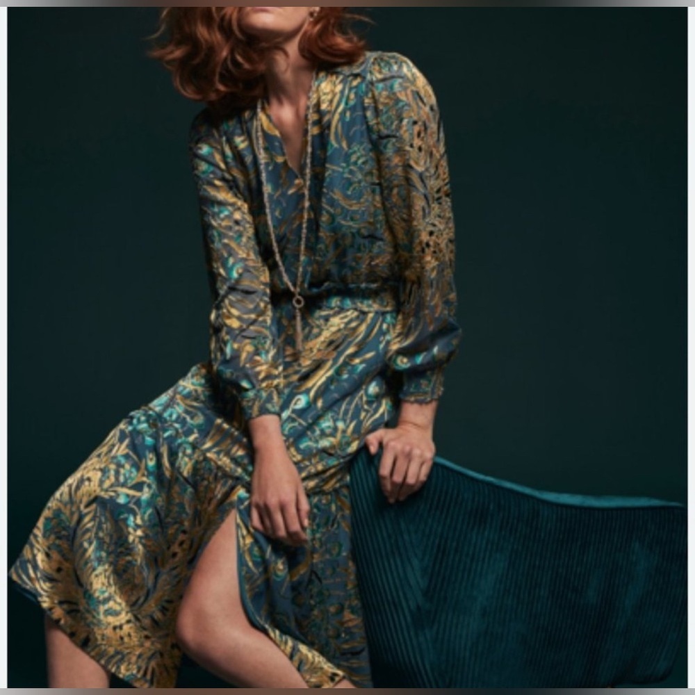 White House Black Market burnout smocked dress Teal and Gold Long Sleeve Dress - Picture 2 of 15
